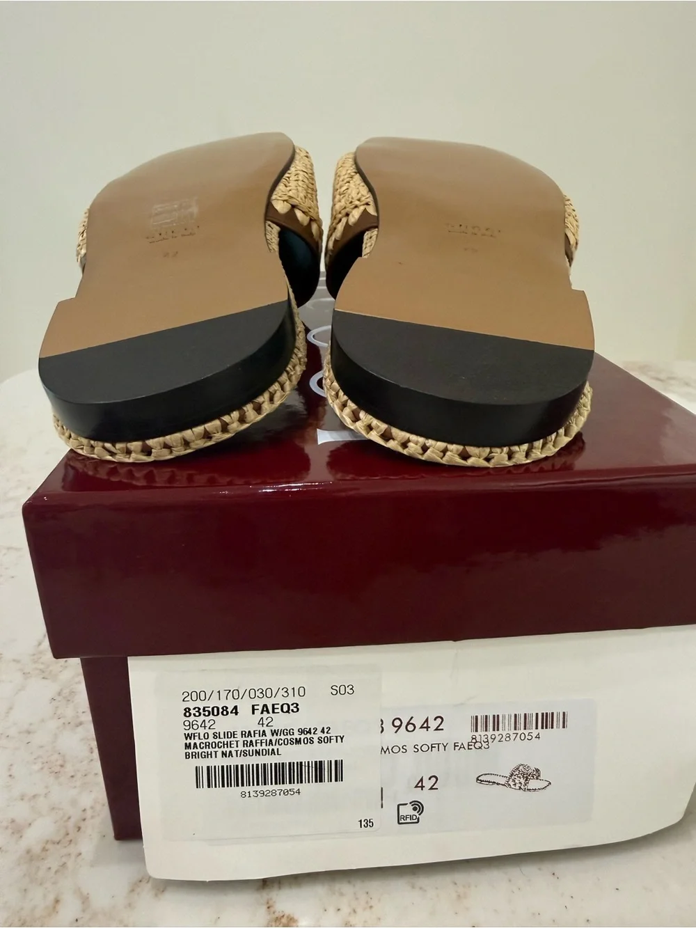 Gucci Brown and Natural Raffia Slide Sandals with Gold Double G